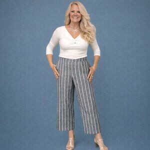 Wide Leg Pants | Grey/Cream Stripe Linen